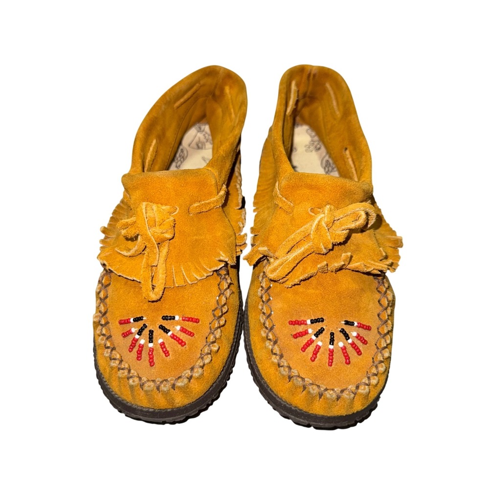 Laurentian Chief Moccasins Kids Size 4 Yellow Suede Beaded Fringe‎ Boho Western